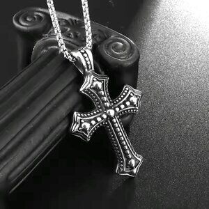 Silver Tone St. Michael's Cross Heavy Pendant and Necklace #1433